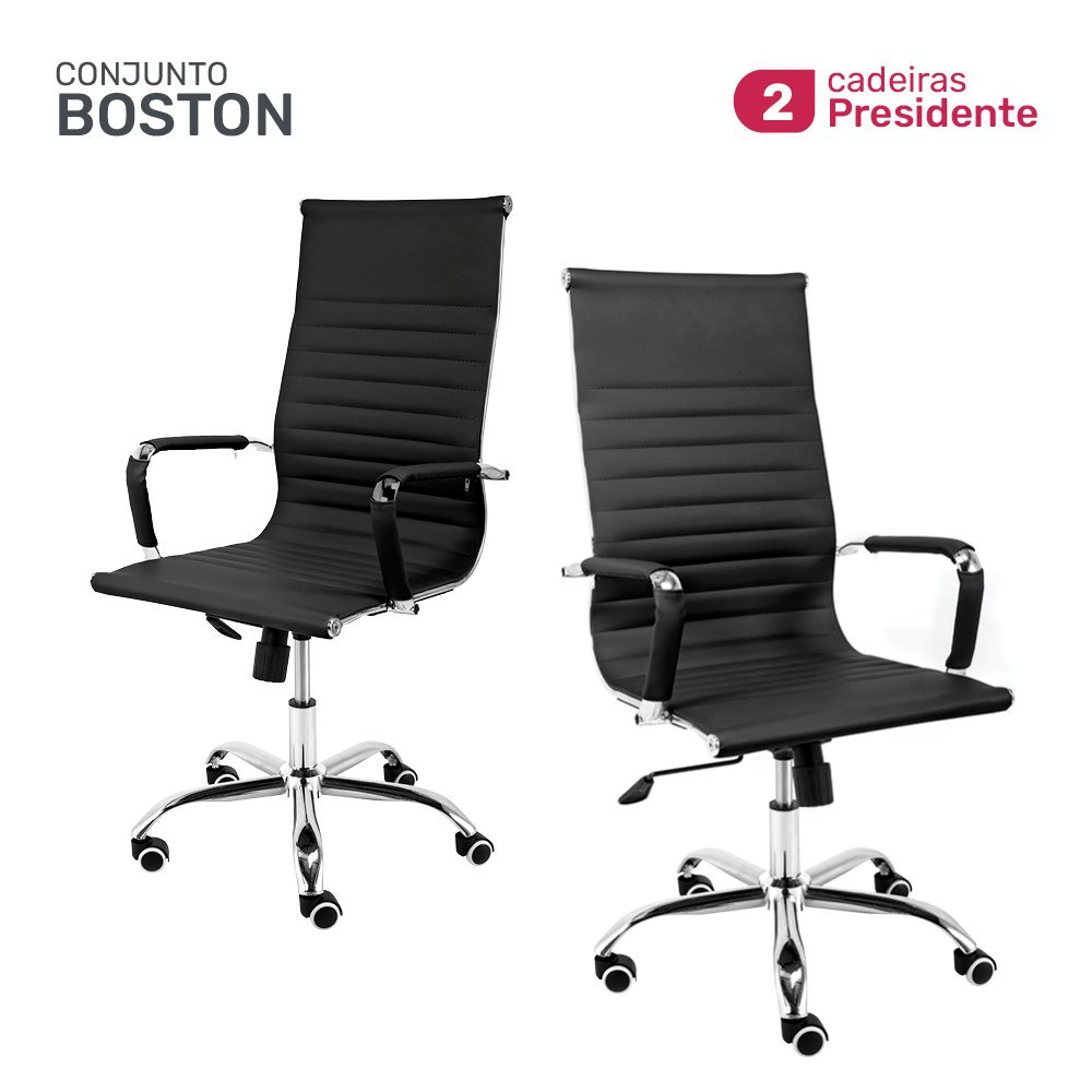 Conjunto 2 Cadeiras de Escritório Moob Boston Presidente Giratória Com Função Relax Preta