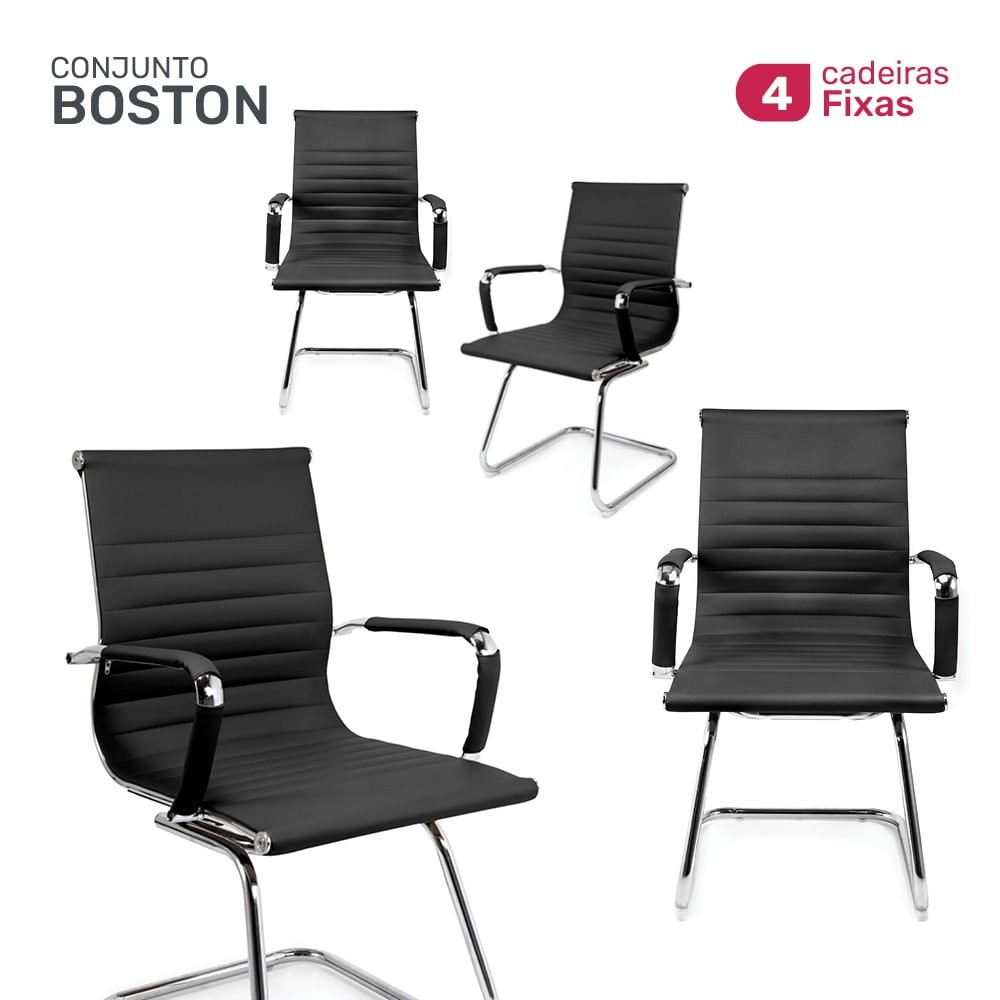 Conjunto 4 Cadeiras De Escritório Moob Boston Executiva Base Fixa Esteirinha Preta