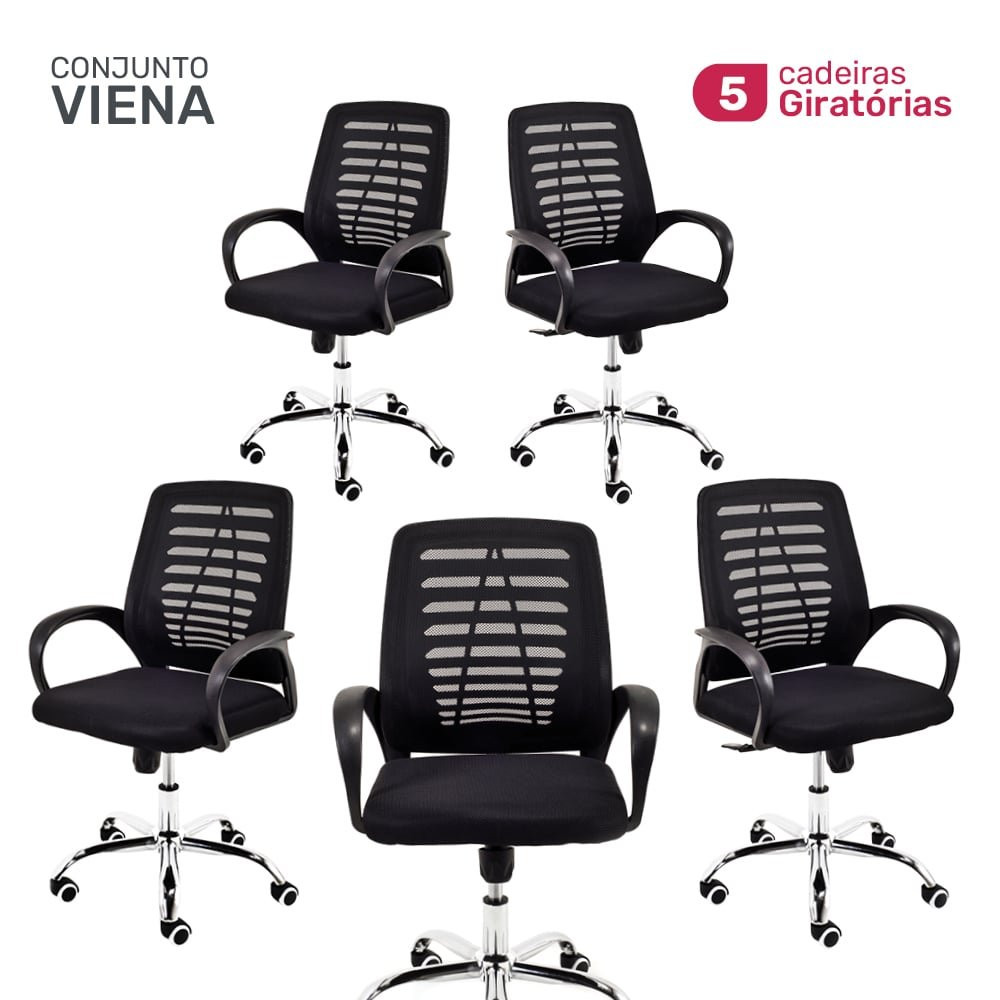 Conjunto com 5 Cadeiras Executiva Viena Giratória Regulagem de Altura a Gas Tela Preto