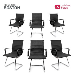 Conjunto 6 Cadeiras de Escritório Moob Boston Executiva Base Fixa Esteirinha Preta