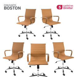 Conjunto 5 Cadeiras Escritório Diretor Moob Boston Giratória Função Relax Esteirinha Caramelo