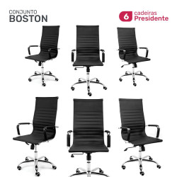 Conjunto 6 Cadeiras de Escritório Presidente Moob Boston Giratórias Com Função Relax Preta