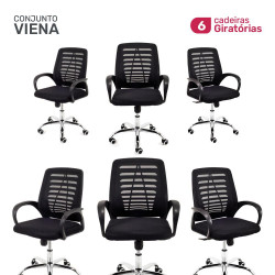Conjunto com 6 Cadeiras Giratória Diretor Preta Viena Tela Preto