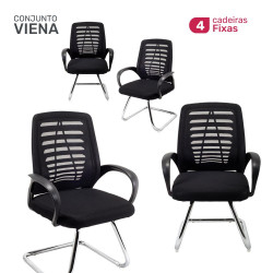 Conjunto com com 4 Cadeiras Executiva Viena Base Fixa Tela Preto para Escritório